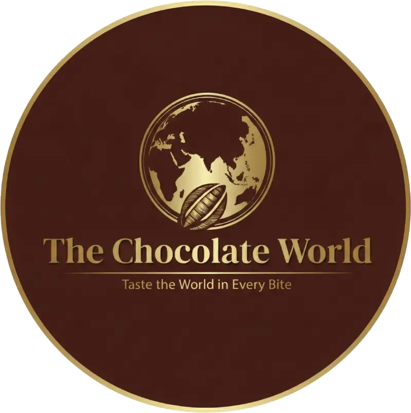 The Chocolate World logo with a cocoa bean and golden text on a brown background.
