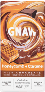 Honeycomb and caramel swirl with chocolate in a Gnaw candy wrapper.