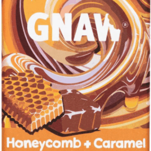 Honeycomb and caramel swirl with chocolate in a Gnaw candy wrapper.
