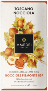 Amedei Toscana chocolate bar with hazelnut illustration.