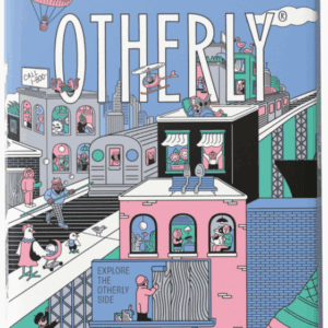 Colorful, multi-level urban scene with people and playful elements.