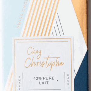 Chocolate bar labeled 'Chez Christophe 42% Pure Lait'.