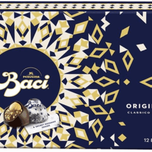 Baci chocolate box with blue and gold geometric design.