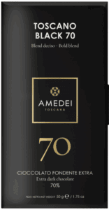 Amedei Toscana 70 dark chocolate bar packaging with elegant black and gold design.