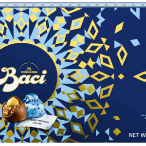 Blue Baci chocolate packaging with gold and white design.