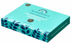 A teal box of peppermint gums with leaf illustrations.