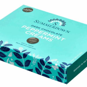 A teal box of peppermint gums with leaf illustrations.