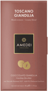 Amedei Toscana chocolate bar with a brown wrapper and gold logo.