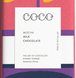 Chocolate bar with mocha milk chocolate flavor and artistic packaging.